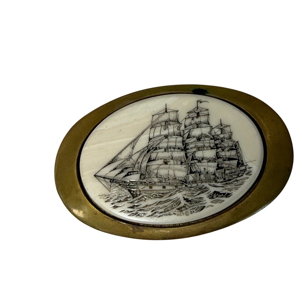 Vintage Solid Brass Scrimshaw Sailing Ship Buckle Nautical Clipper Galleon 1970s